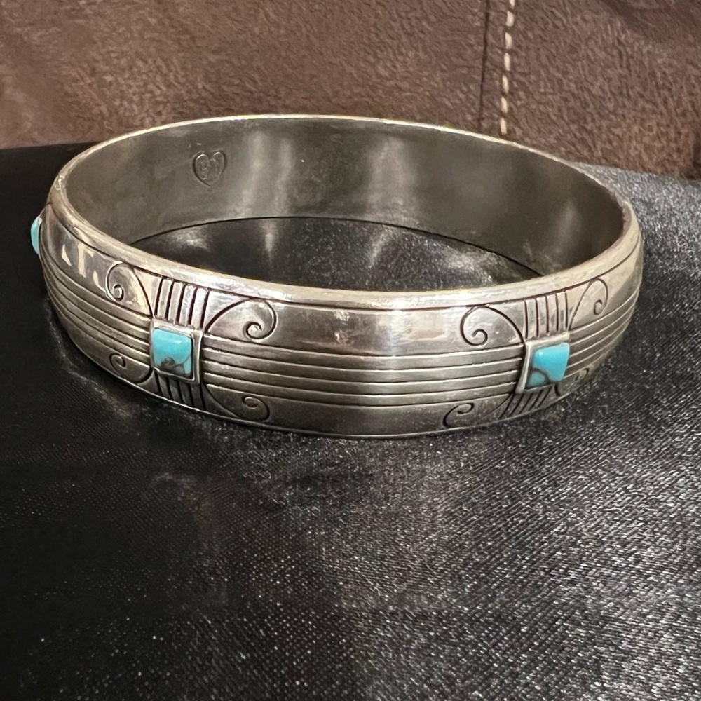 Brighton Silver Turquoise Inlay Bangle Bracelet | Etched Scroll Design